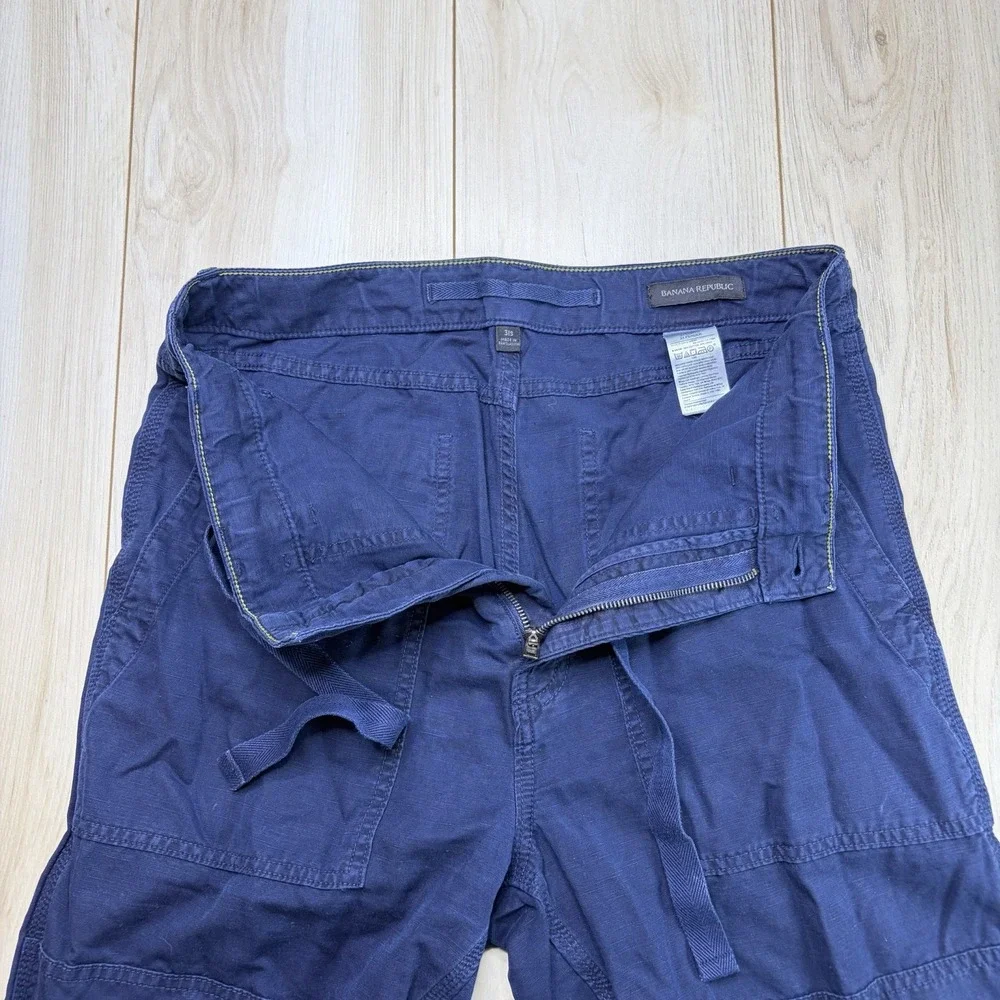 Banana Republic Mens Cotton Linen Cargo Pants Navy Blue Size 31 Short Drawstring